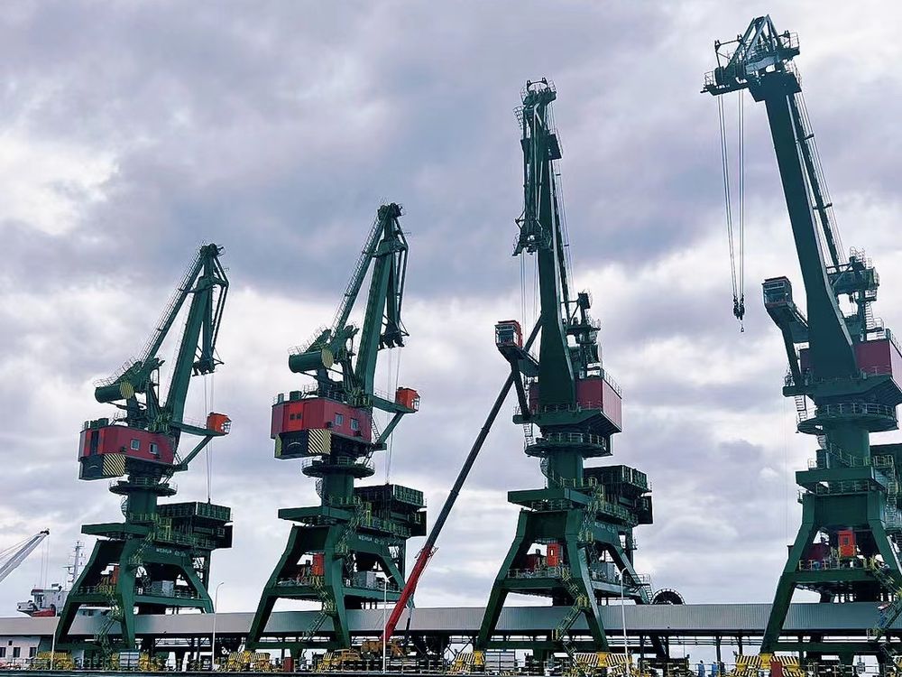 Portal cranes lined up along a terminal berth