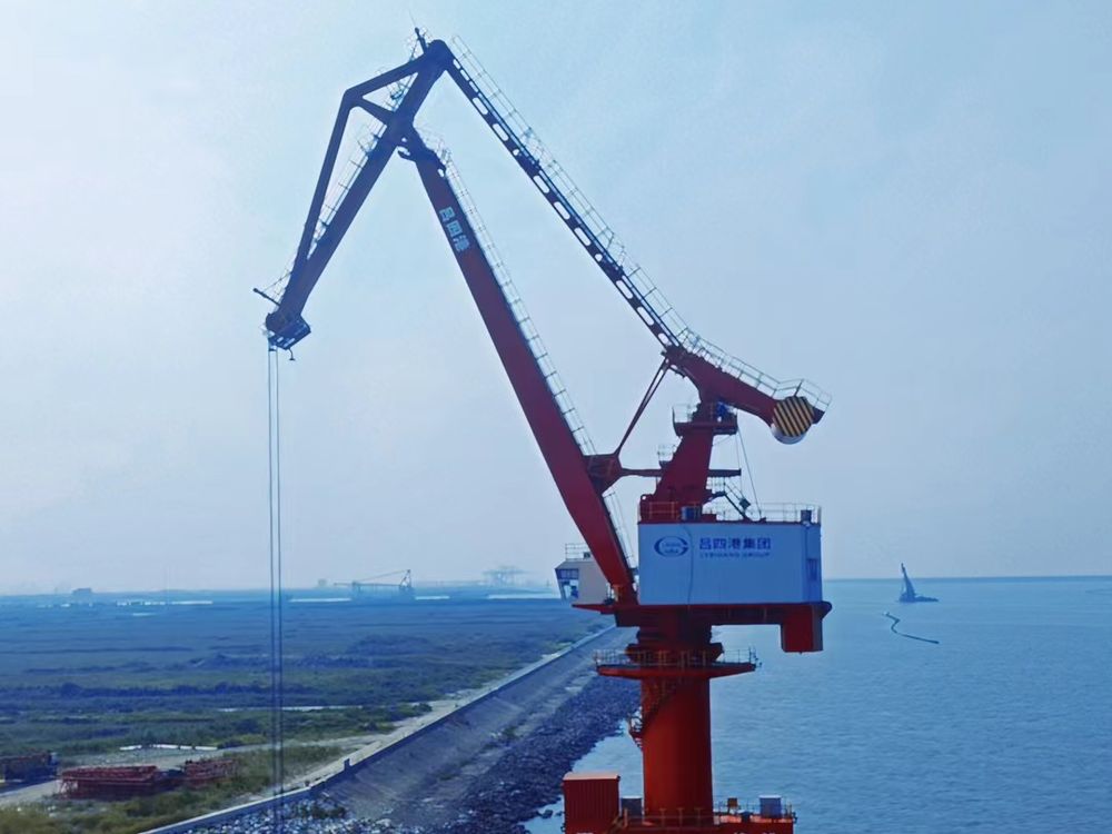 Portal crane working bulk cargo along a quay