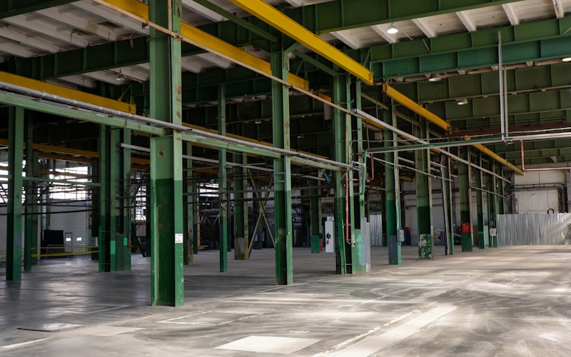 Overhead crane runway girders spanning a factory hall