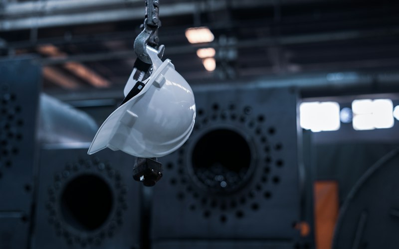 Crane hook assembly and hard hat in a machine shop